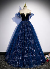 Lovely Navy Blue Tulle Off Shoulder Beaded Long Party Dress, Navy Blue Tulle Prom Dress