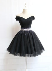 Lovely Off Shoulder Navy Blue Beaded Homecoming Dresses, Short Prom Dresses