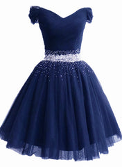 Lovely Off Shoulder Navy Blue Beaded Homecoming Dresses, Short Prom Dresses