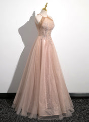 Lovely Pearl Pink Halter Tulle with Lace Applique Party Dresses, A-line Tulle Long Prom Dresses