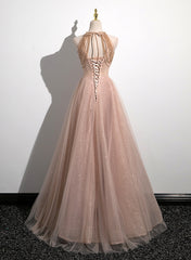 Lovely Pearl Pink Halter Tulle with Lace Applique Party Dresses, A-line Tulle Long Prom Dresses