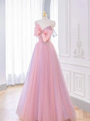 Lovely Pink Tulle Long Prom Dresses with Bow Pink Formal Dresses prom Dresses shops