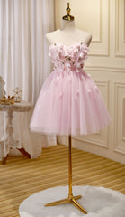 Lovely Pink Tulle with Flowers Short Party Dresses, Pink Tulle Homecoming Dresses