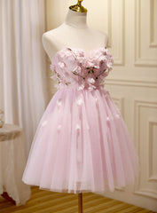 Lovely Pink Tulle with Flowers Short Party Dresses, Pink Tulle Homecoming Dresses