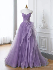 Lovely Purple A-line Tulle with Lace Applique Prom Dress, Purple Long Formal Dress