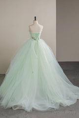 Lovely Sweetheart Neckline Tulle Long Prom Dress with Lace, Green Strapless Evening Dress