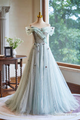 Lovely Tulle Floor Length Green Party Dress, Off the Shoulder A-Line Evening Dress