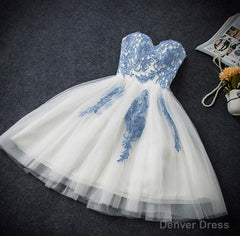 Lovely White Tulle Party Dress with Blue Applique, Homecoming Dress