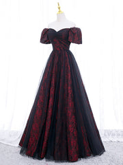 Black Tulle A-Line Prom Dresses with Rose Print, Black Off Shoulder Evening Party Dresses