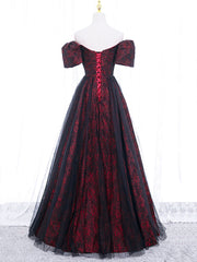 Black Tulle A-Line Prom Dresses with Rose Print, Black Off Shoulder Evening Party Dresses