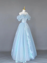 Light Blue Tulle Lace Long Prom Dresses, Beautiful Off Shoulder Evening Party Dresses