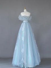 Light Blue Tulle Lace Long Prom Dresses, Beautiful Off Shoulder Evening Party Dresses