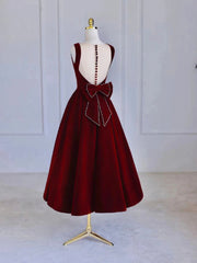 Burgundy Tea Length Velvet Prom Dresses with Bowknot,  Burgundy Evening Party Dresses