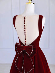 Burgundy Tea Length Velvet Prom Dresses with Bowknot,  Burgundy Evening Party Dresses