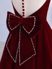 Burgundy Tea Length Velvet Prom Dresses with Bowknot,  Burgundy Evening Party Dresses