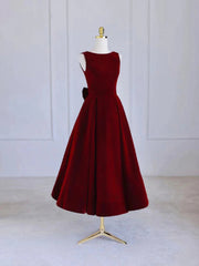 Burgundy Tea Length Velvet Prom Dresses with Bowknot,  Burgundy Evening Party Dresses