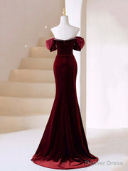 Burgundy Velvet Long Prom Dress, Mermaid Off Shoulder Evening Party Dress