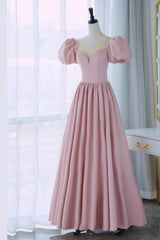 Pink Satin Long A-Line Prom Dresses, Cute Short Sleeve Evening Dresses