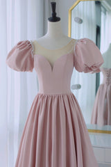 Pink Satin Long A-Line Prom Dresses, Cute Short Sleeve Evening Dresses