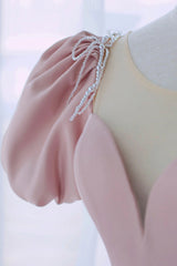 Pink Satin Long A-Line Prom Dresses, Cute Short Sleeve Evening Dresses