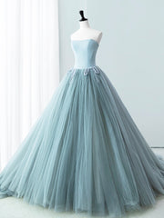 Blue Satin Tulle Long Prom Dresses, Lovely Strapless Evening Dresses