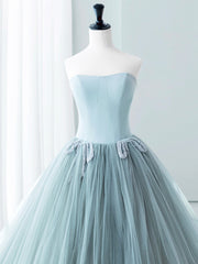 Blue Satin Tulle Long Prom Dresses, Lovely Strapless Evening Dresses