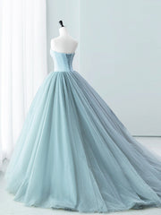 Blue Satin Tulle Long Prom Dresses, Lovely Strapless Evening Dresses