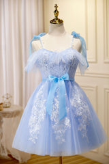 Blue Lace Knee Length Prom Dresses, Lovely A-Line Homecoming Dresses