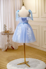 Blue Lace Knee Length Prom Dresses, Lovely A-Line Homecoming Dresses