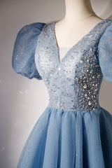 A-line V-neck Sequins Short Prom Dresses, Blue Short Sleeve Evening Dresses