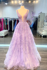 Purple V-Neck Lace Long Prom Dresses, Purple A-Line Formal Evening Dresses