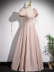 Pink Satin A-Line Floor Length Prom Dress, Off Shoulder Short Sleeve Evening Dress