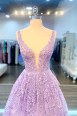 Purple V-Neck Lace Long Prom Dresses, Purple A-Line Formal Evening Dresses