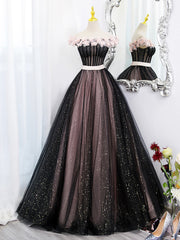 Black Tulle and Pink Flowers Party Dresses, Black  Off Shoulder Sweet 16 Dresses