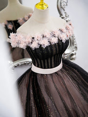 Black Tulle and Pink Flowers Party Dresses, Black  Off Shoulder Sweet 16 Dresses