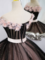 Black Tulle and Pink Flowers Party Dresses, Black  Off Shoulder Sweet 16 Dresses