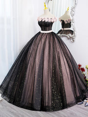 Black Tulle and Pink Flowers Party Dresses, Black  Off Shoulder Sweet 16 Dresses