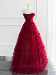 Burgundy Shiny Tulle Long Prom Dresses, Beautiful A-Line Off the Shoulder Evening Dresses