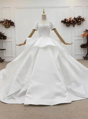 Low Price Guarantee White Ball Gown Satin Short Sleeve Beading Backless Wedding Dress