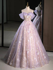 Purple A-Line Off the Shoulder Sequins Prom Dresses, Lovely Tulle Corset Floor Length Evening Dresses