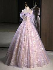 Purple A-Line Off the Shoulder Sequins Prom Dresses, Lovely Tulle Corset Floor Length Evening Dresses