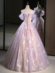 Purple A-Line Off the Shoulder Sequins Prom Dresses, Lovely Tulle Corset Floor Length Evening Dresses