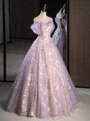 Purple A-Line Off the Shoulder Sequins Prom Dresses, Lovely Tulle Corset Floor Length Evening Dresses