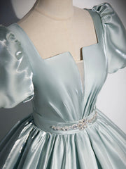 Beautiful Satin Floor Length Prom Dresses, A-Line Short Sleeve Evening Party Dresses