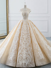 Luxurious Champagne Ball Gown Tulle Lace Appliques Backless High Neck Wedding Dresses