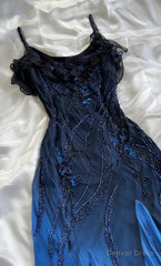 Luxurious Navy Blue Chiffon Beaded Evening Dress Formal Party Prom Dress