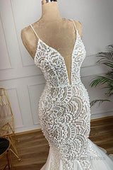 Luxurious Spaghetti Strap Plugging V neck White Sleeveless Mermaid Hollow Wedding Dress