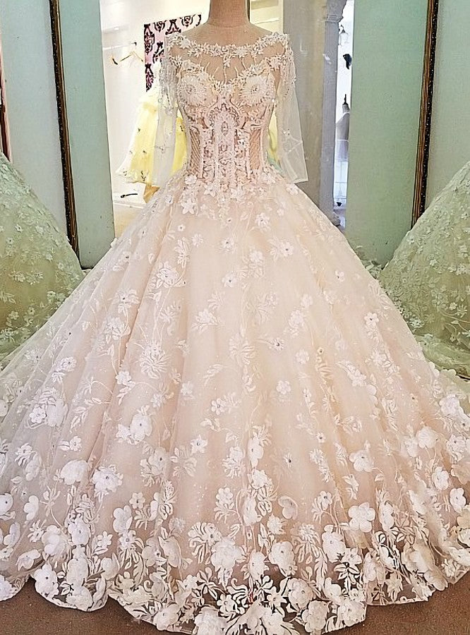 Luxury Bridal Gown With Sleeves Beading 3D Flowers Ball Gown Lace Wedding Dress