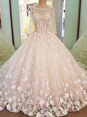 Luxury Bridal Gown With Sleeves Beading 3D Flowers Ball Gown Lace Wedding Dresses