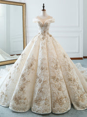 Luxury Champagne Ball Gown Appliques Long Train Wedding Dresses